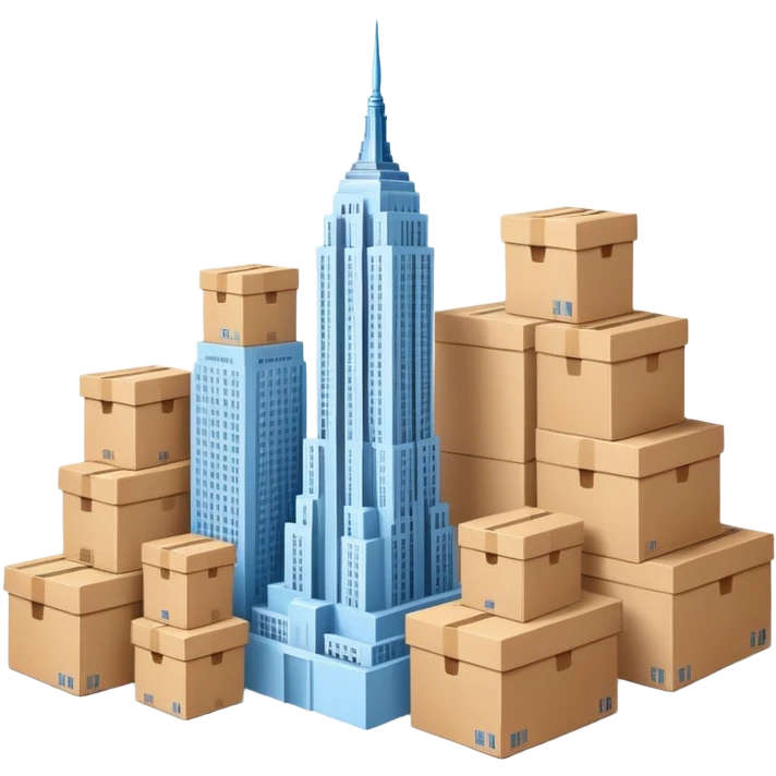 light blue Empire State Building with natural cardboard boxes stacked around emoji