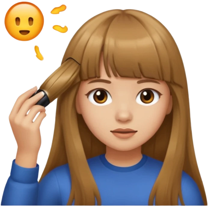 a girl with light skin and brown long hair with bangs who is doing her hair emoji