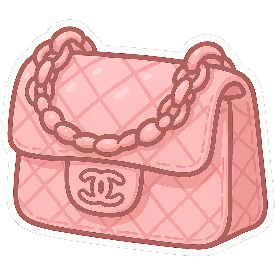 pink Chanel purse, cute and exaggerated chibi sticker style emoji