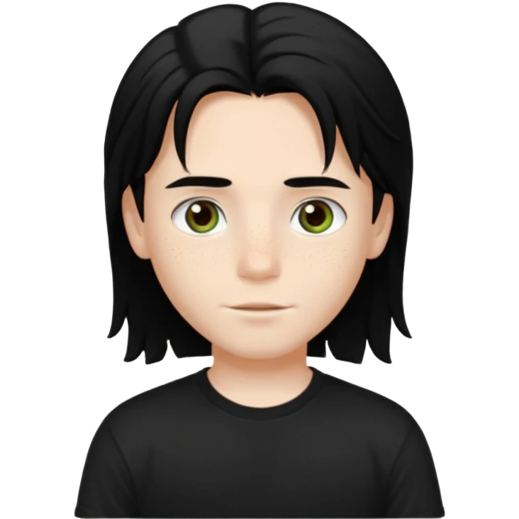 A beautiful boy with black hair and hazel green and brown eyes and white skin , with dark freckles and black t shirt with HAIRCUT: middle part hair hair with a center part haircut long  emoji