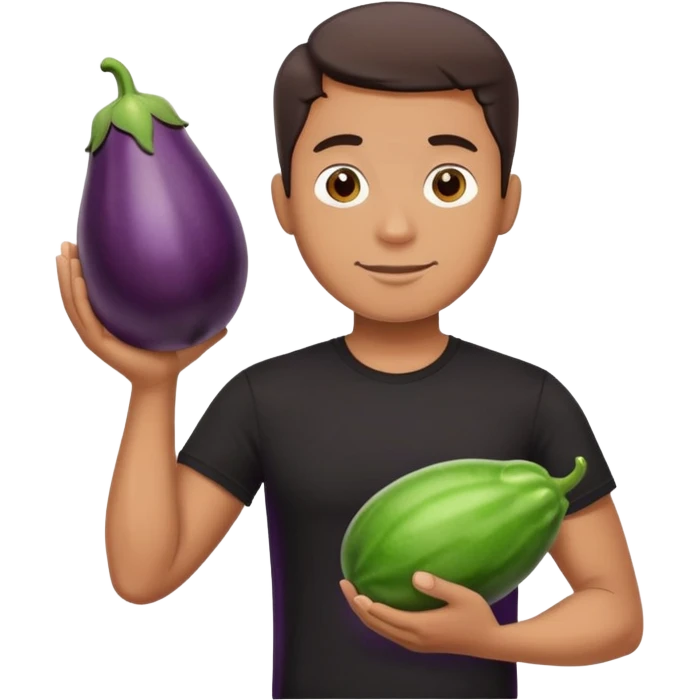 A man in a black t-shirt holding a large eggplant in his hands emoji