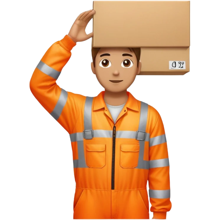 man standing facing away, wearing orange hi visibility overalls, holding a box above his head emoji