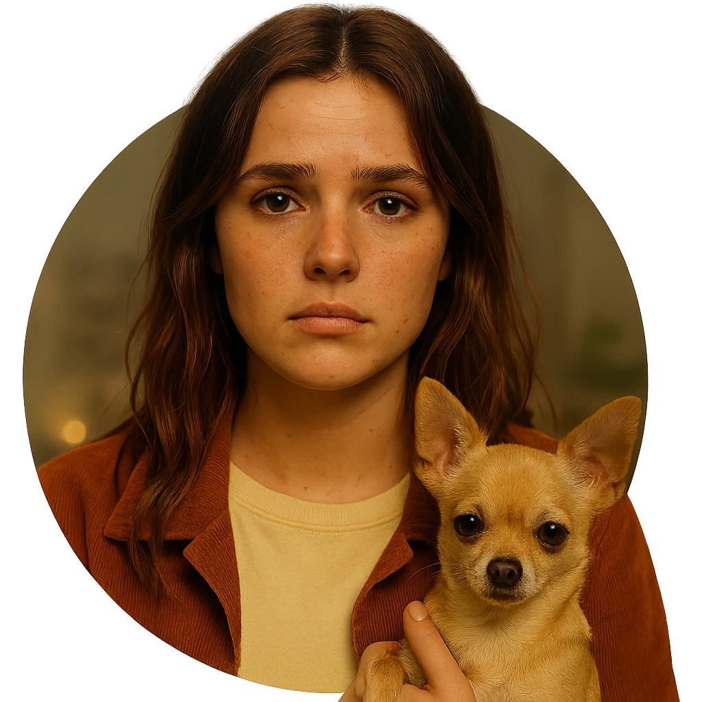 Centered portrait for Instagram profile picture inspired by the facial features visible in the reference images, with a tanned complexion, subtle freckles, shirt color #FFF8CA, rust-colored jacket, medium-length brown hair with auburn highlights, sad and resigned expression, holding a beige-brown chihuahua, Netflix series style, transparent background, intimate Tenerife ambiance. emoji