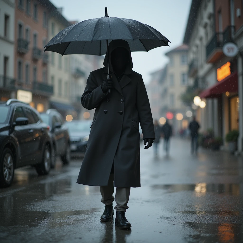 persona in piedi sotto la pioggia senza ombrello, vestiti bagnati, espressione frustrata e sconfortata, ambiente urbano, dettagli iperrealistici 4K emoji