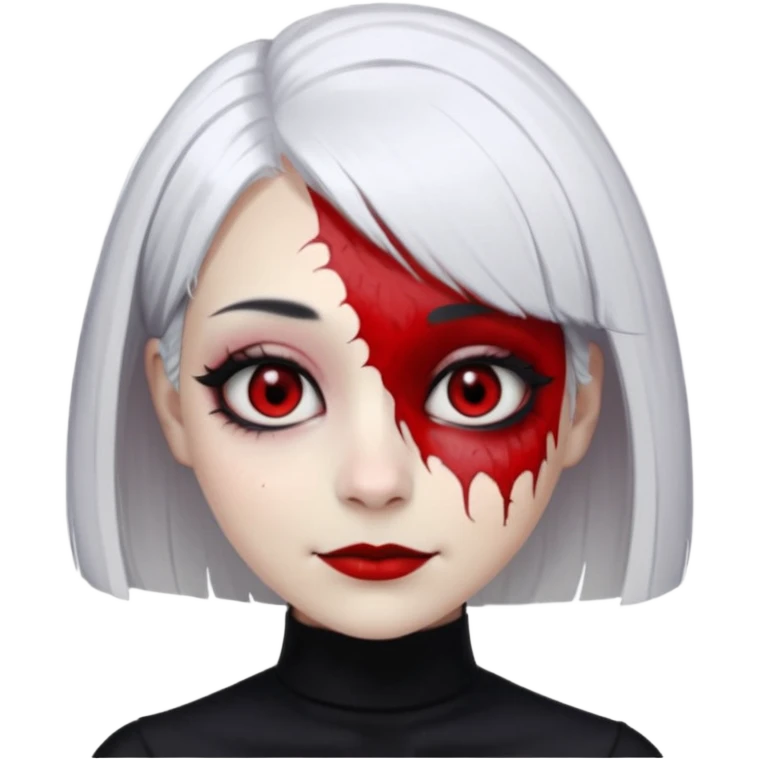 female, unnatural eye color with veiny eyes, sickly skin texture combined with an unnatural creepy smile, liminal setting that feels wrong, uncanny eerie art style, scary femme fatale, bob cut, mole under eye, white hair, red iris, black mascara, black eyeshadow, Gothic white skin, emoji