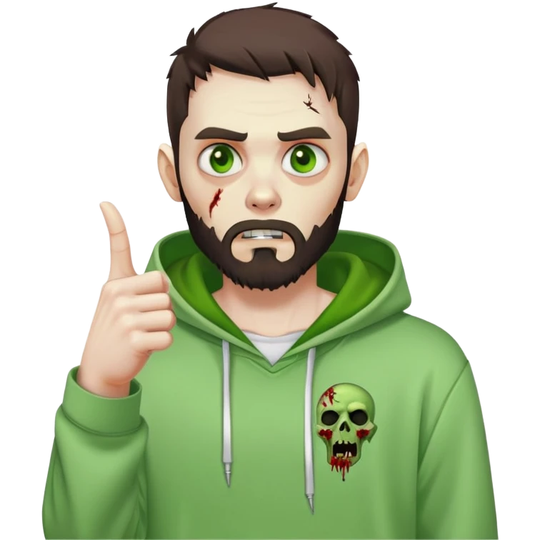 zombie pointing finger, undercut hairstyle with dark brown hair, short full beard, bright green eyes, wearing plain white hoodie emoji