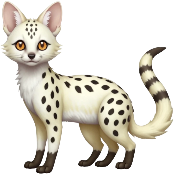 White Albino grey-spotted Serval-Civet-Genet-Trico-Furret-Linoone-Fakémon-Pokémon-animal-hybrid-fusion-creature (full body) with vibrant glowing eyes, cute, elegant, soft, realistic, pastel fur emoji