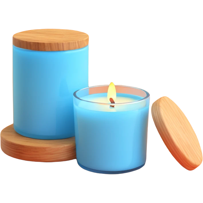 sky blue scented candle with a wooden lid beside it emoji