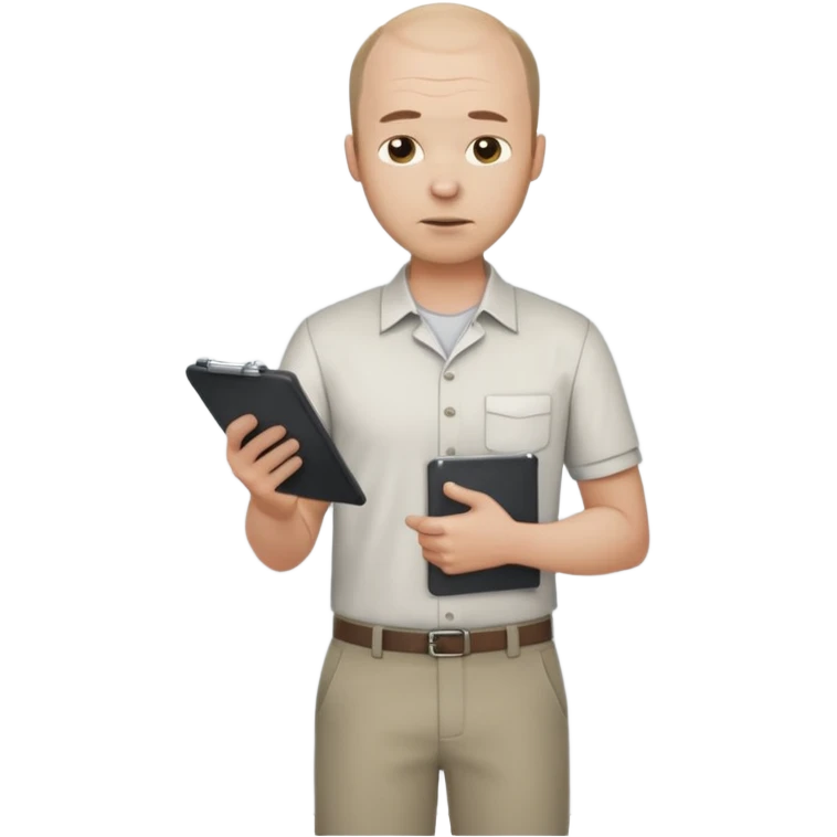 man mid 30's tired shirt and trousers balding hairline standing holding a clipboard emoji