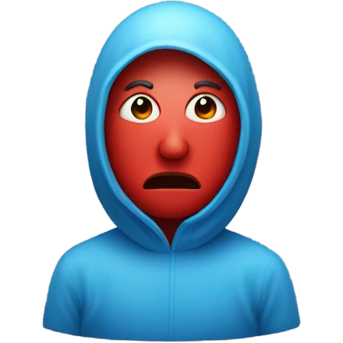 A Person with red all over their face no eyes no mouth no ears no hair that has a little blue round thing covering their sight emoji