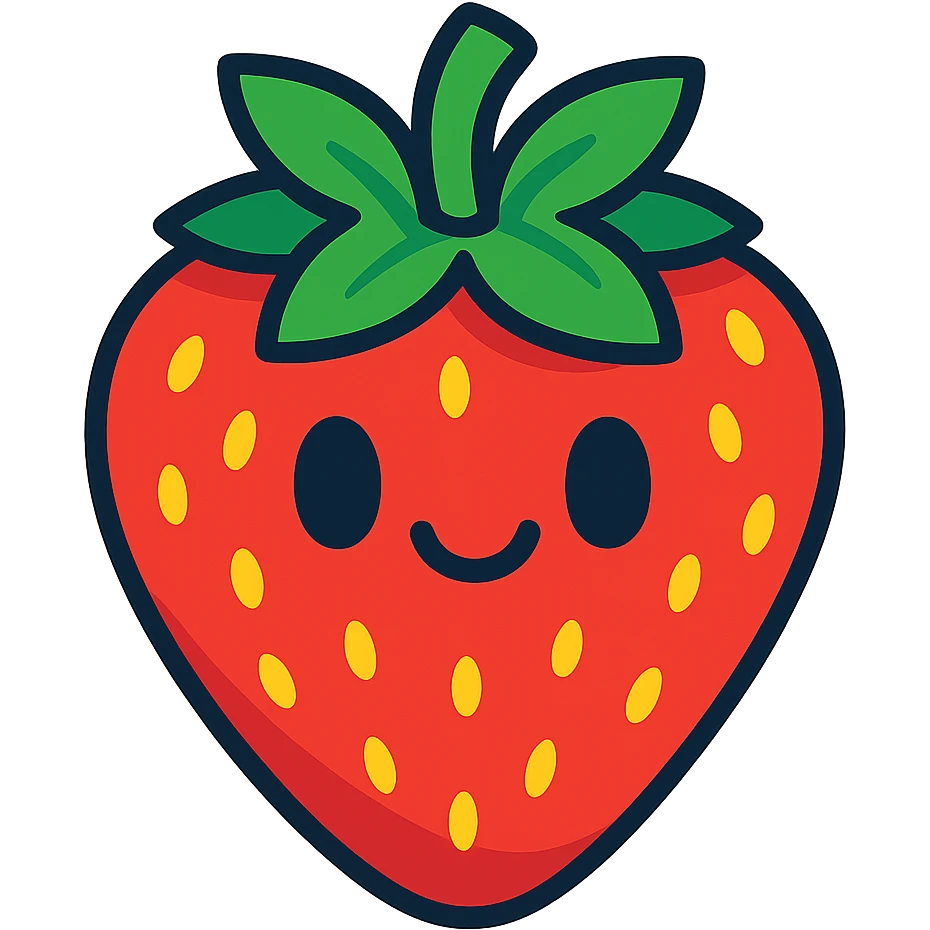 red strawberry, cartoon style, with a cute smile, transparent background emoji
