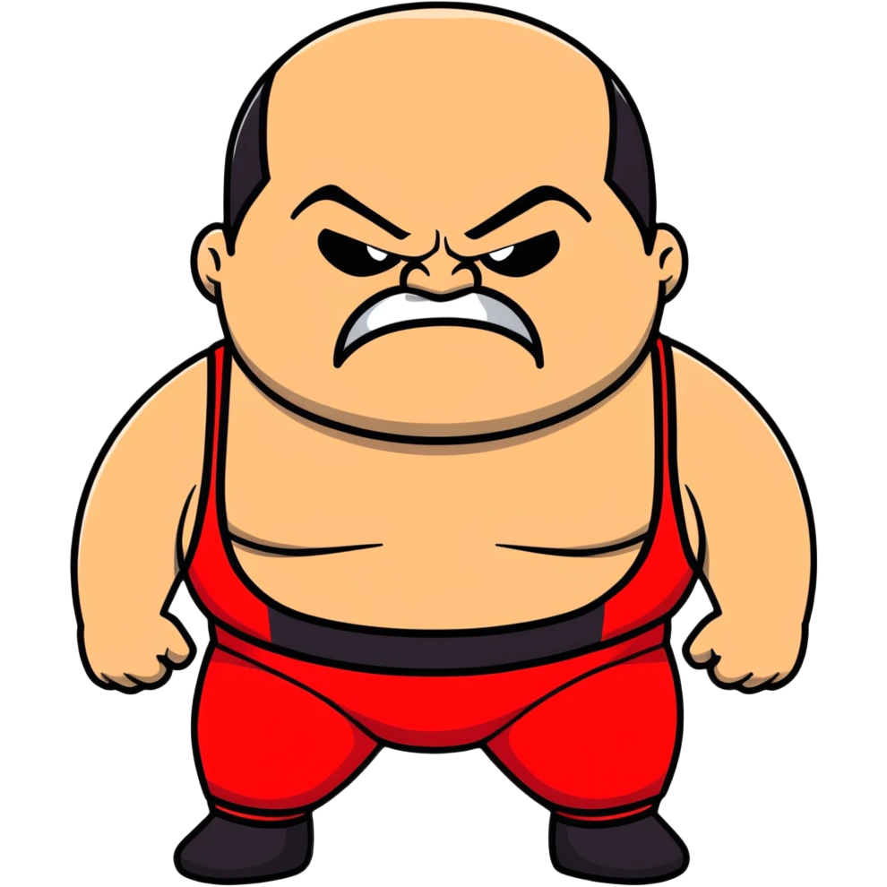 Close-up of white skin fat guy no muscle with prominent black durag, completely shaved face, no beard or mustache, black eyes in a red and black wrestling singlet with angry face emoji