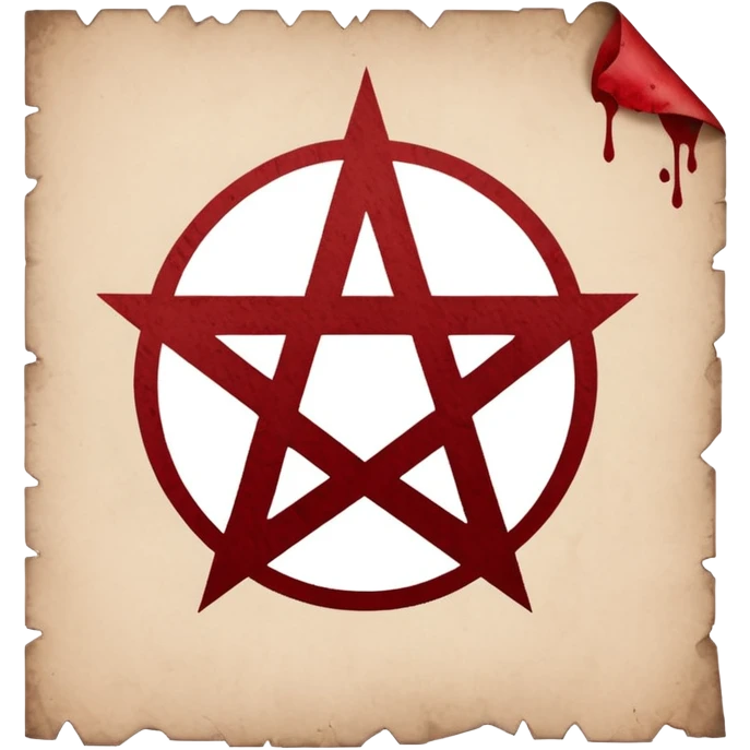 Minimalist emoji-style sticker of a blank torn contract with a pentagram stamp and drop of muted red ink. Gothic feel, flat design.
 emoji