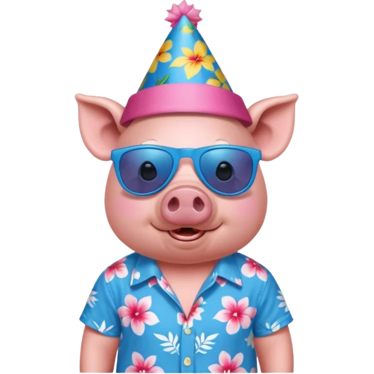 Pig with blue aloha shirt, birthday hat, sunglasses emoji