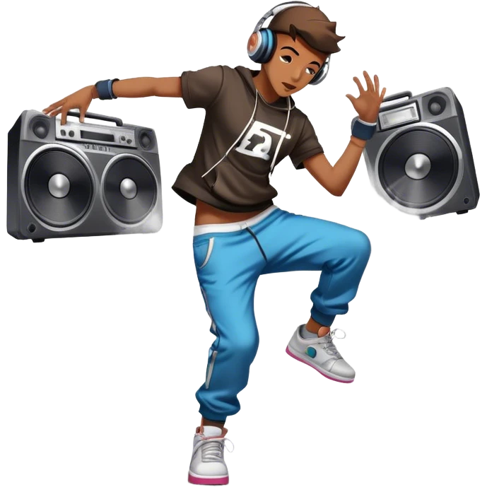 Icon for Street Dance: a dancer in urban streetwear performing a dynamic lower breakdance move, with a spray-painted background, headphones, and a boombox on the asphalt. The icon should capture the energy, style, and creativity of street dance culture. Transparent background. emoji