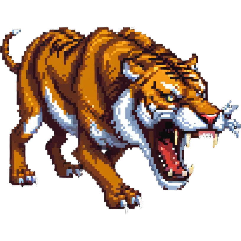 saber-toothed tiger with enormously long fangs, exaggerated canine teeth almost reaching the ground emoji