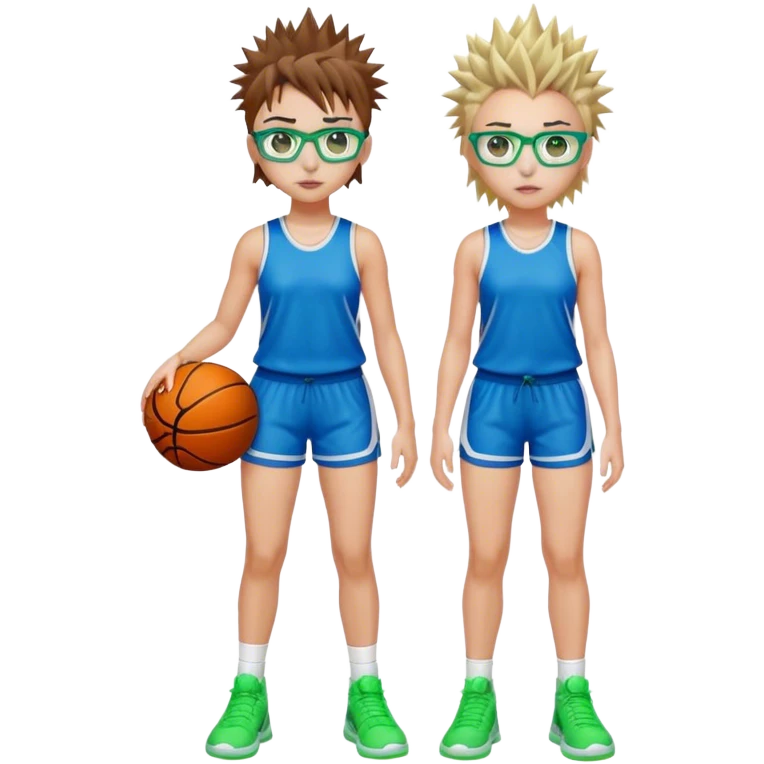Full Body Girl with basketball short spikey brown hair with blond highlights wearing blue glasses with green eyes emoji