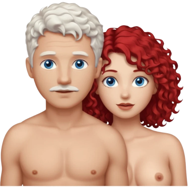 Homme nu cheveux blanc courts, yeux bleu mal rasé + femme nu gros seins rousse cheveux longs bouclés yeux bleu emoji