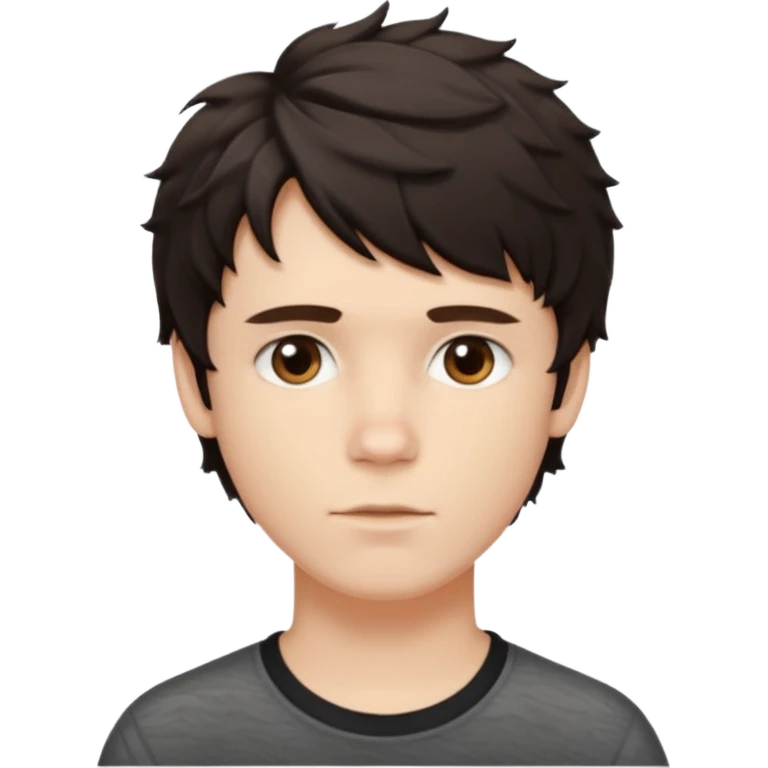 À emoji that don’t smile Dark brown thick hair, medium-length textured top with loose natural waves, short tapered sides, soft messy fringe, natural volume(No long hair it like a side part with wave and texture ) the guy is white and it’s a boy emoji