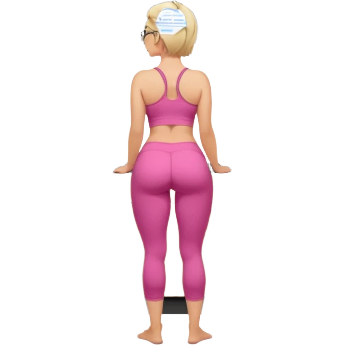 Render from knees up, view from the back, fair skinned woman, curvy, short blond hair, small reading glasses, cooking dinner in kitchen, pink loose tank top, showing natural B cup breast shape SFW, black yoga pants, large curvy booty emoji