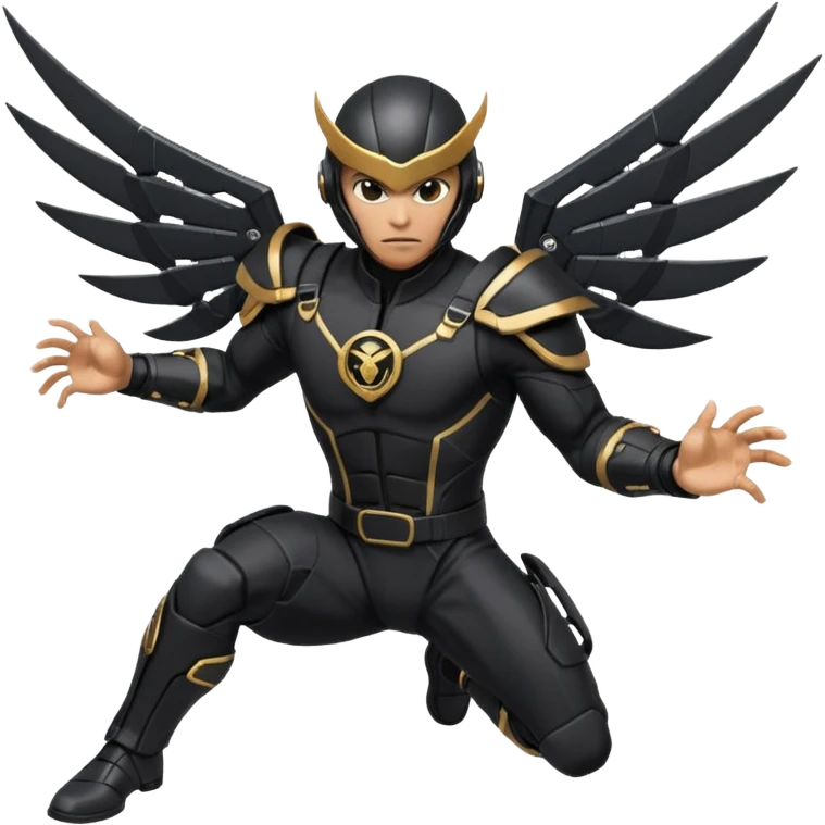 RAZORWING Look: Streamlined black suit with mechanical grappling wings folded behind Weapon: Sleek throwing knives strapped to chest and thighs Helmet: Visor with scanning HUD Vibe: Daring, sharp-eyed, fearless Stance: Leaping or gliding above the battlefield he is inspired by mortal kombat ninja emoji