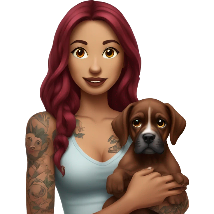Beautiful tattooed  burgundy long haired woman holding a boxer puppy emoji
