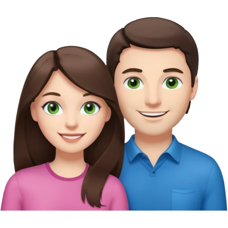 pink polaroid photo of a couple thats white with long brunette hair blue eyes and a white guy with short brunette hair and green eyes emoji