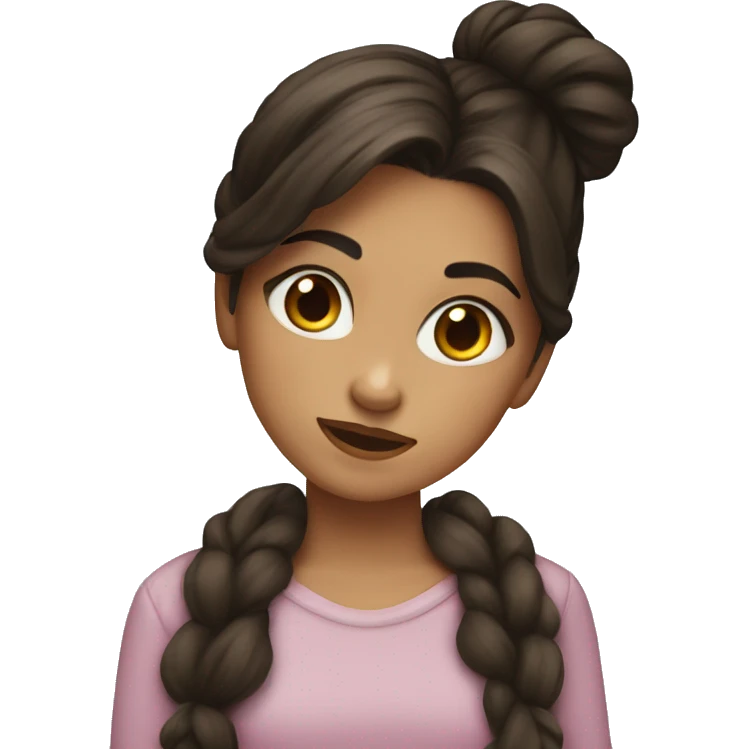 A girl with dark brown hair in a bun kisses a girl with brown hair down emoji