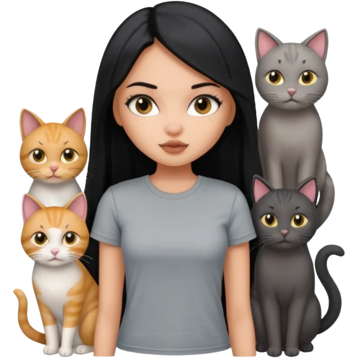 a pretty bratz dusky girl with long straight hair with four cats nd wearing a grey tshirt emoji