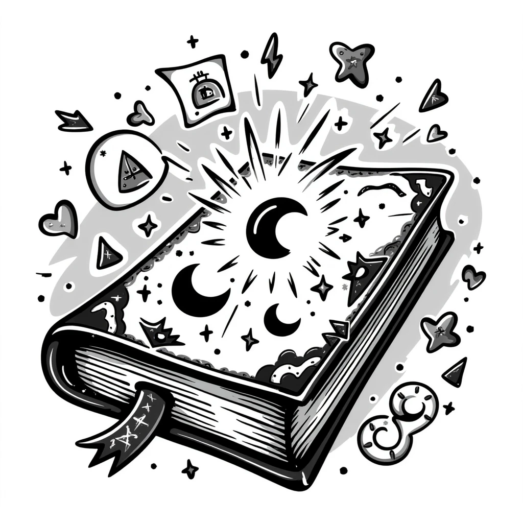Магическая закрытая книга  — декоративная обложка с таинственными символами, лунами, звёздами и алхимическими знаками. Обложка украшена винтажными завитками,  таинственным сиянием. Книга выглядит древней, излучает мистический свет, лежит на фоне магических узоров и рунических орнаментов. emoji