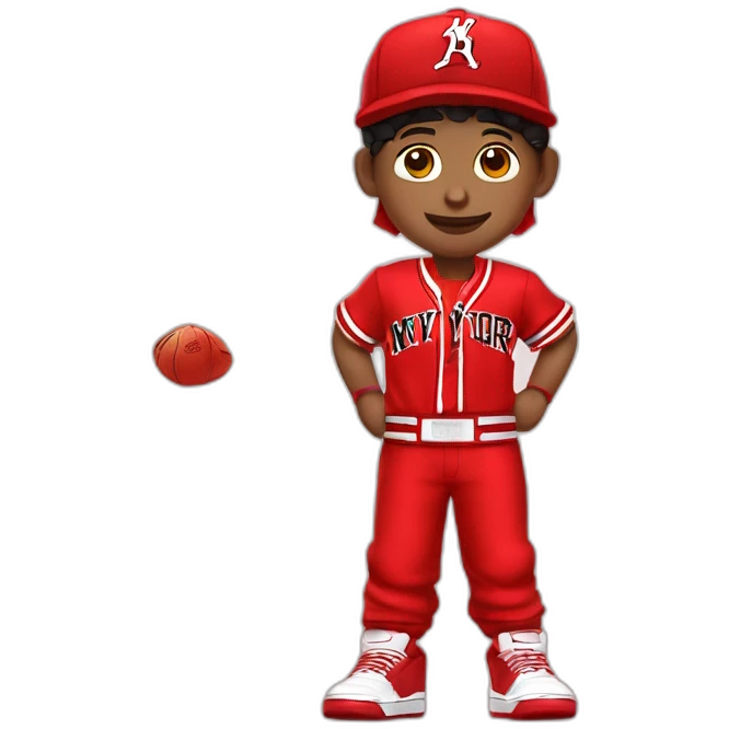Morocho boy in red attire with a red NY cap red and Jordan Retro 4 red🌟. emoji