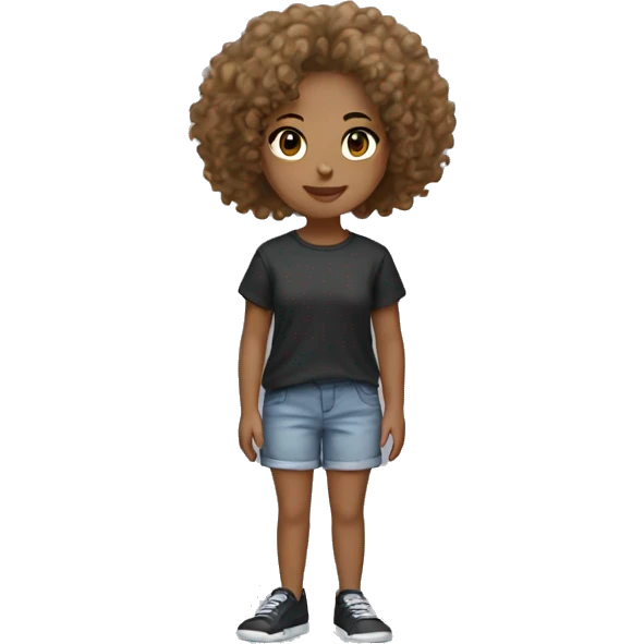 A girl with curly hair light brown skin with a baggy tee shirt and shorts with black slides emoji