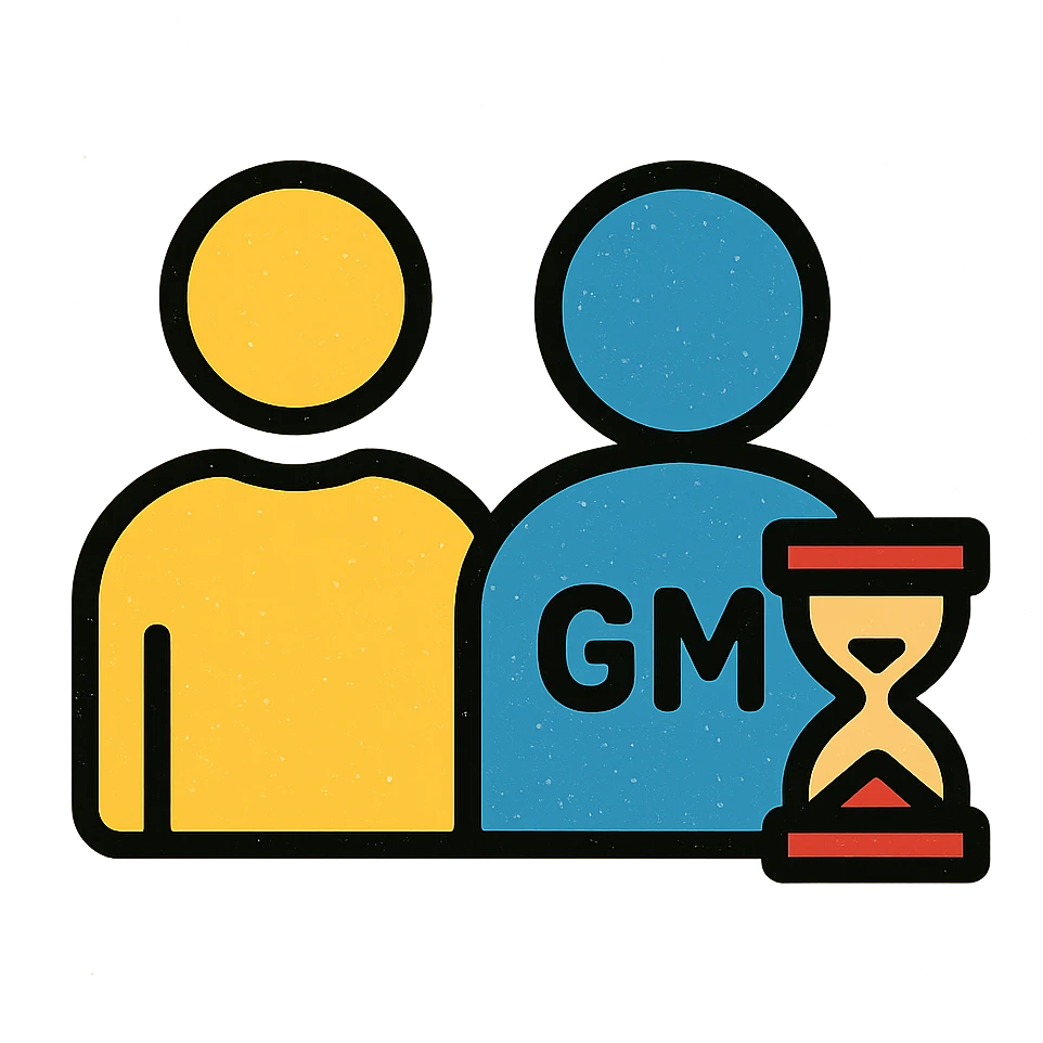 ultra-minimalist icon of two simple figures side by side representing player and GM, with a small clock or hourglass, worn and distressed style emoji