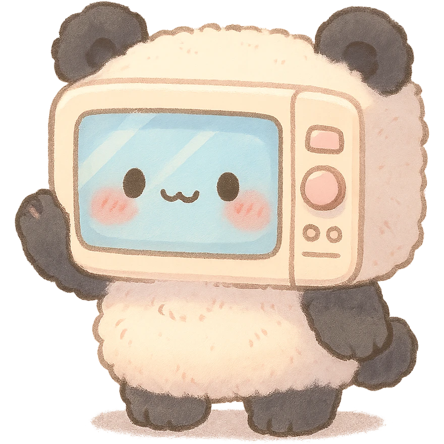 chibi microwave oven merged with a fluffy panda, blushing, waving, soft pastel tones, full-body emoji