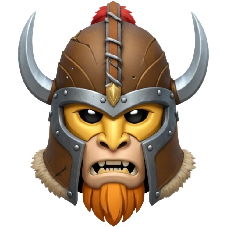 barbarian helmet object icon, rough metal helmet, fur details, leather straps, battle-worn scratches, fantasy style, 3D cartoon, mobile game icon style, centered, clean background, soft shadow, no text, no watermark

 emoji