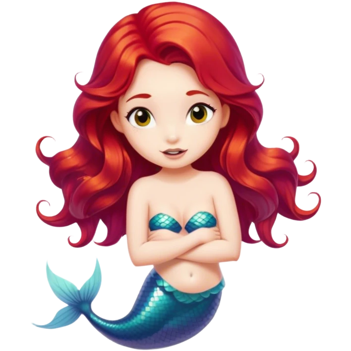Cinematic Realistic Red Hair Mermaid Portrait, head tilted playfully and inquisitively, showcasing an ethereal form with finely detailed, flowing red hair against luminous porcelain skin. Her bright, curious eyes sparkle like hidden gems beneath the gentle caress of underwater light, rendered with lifelike clarity and warm, filtered illumination—capturing the essence of a spirited mermaid ready to splash playfully into your imagination. emoji