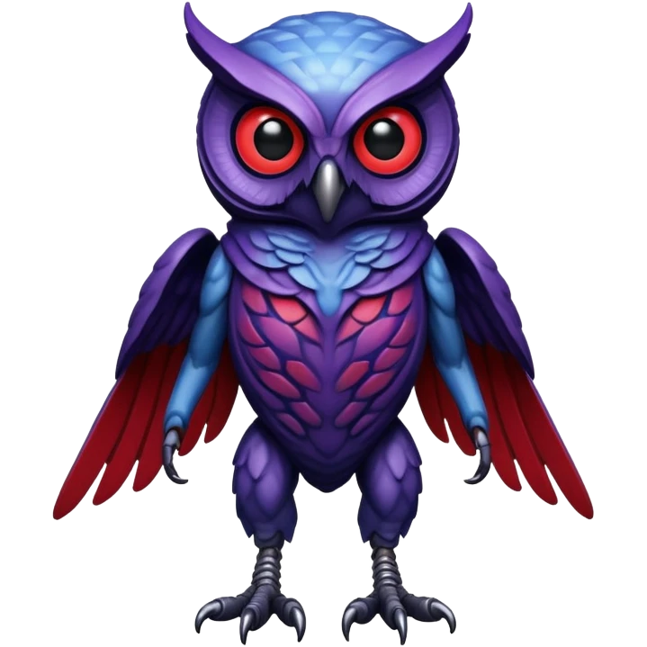 Owl xenomorph hybrid front facing full body dark purple and blue and red emoji