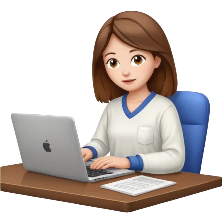 A brown hair, white skin woman with home outfit scrolling, with a laptop open to a work document emoji