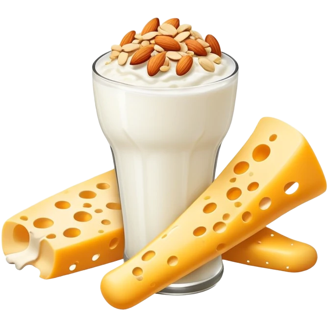 A glowing white bone surrounded by calcium-rich foods: shredded cheese, natural yogurt, sesame seeds and almonds beside a single bone emoji