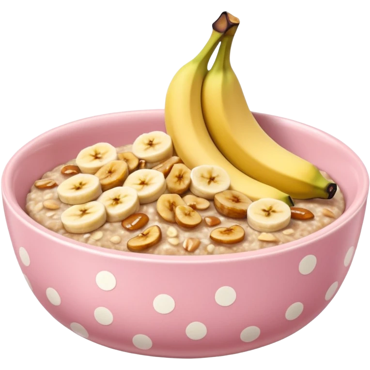 banana baked oats in a bowl like oat meal with a couple banana slices on top that look a little bit caramelised and a light pink bowl with white polka dots emoji