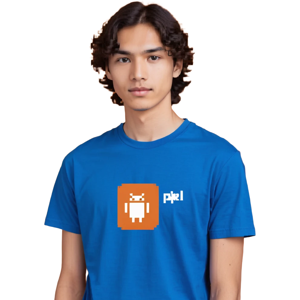 blue tee shirt with a small white logo on chest emoji