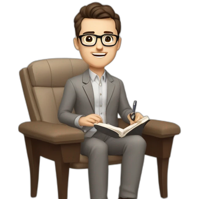 Pale skinned Fit Man With dark brown hair in gray jacket, beige office shirt, Brown pants and vintage glasses sitting In a soft chair with a notebook on spring with emblem Ψ and a pen emoji
