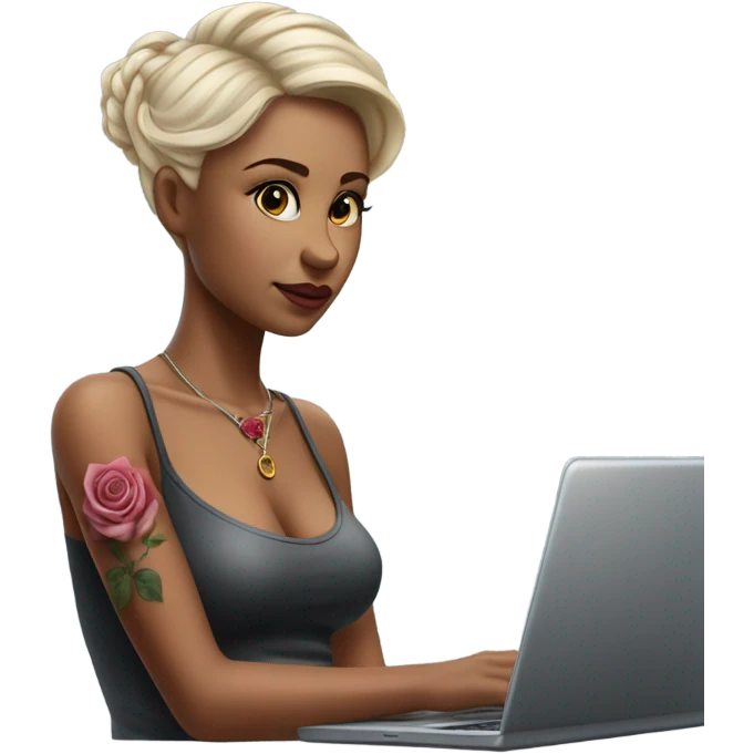 Hyper Realistic beautiful woman model with a small rose tattoo typing on a laptop  emoji
