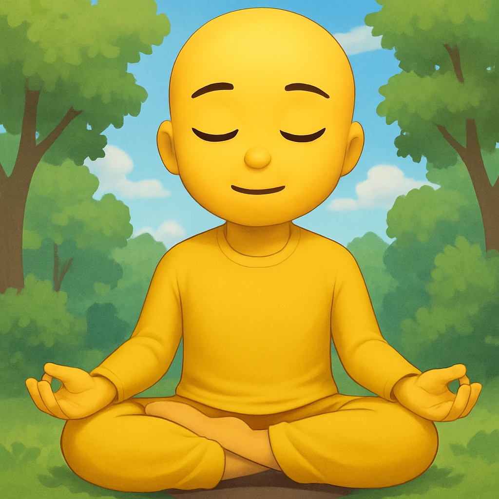 Add a peaceful nature background with trees and sky behind the meditating emoji, keep the classic emoji style emoji