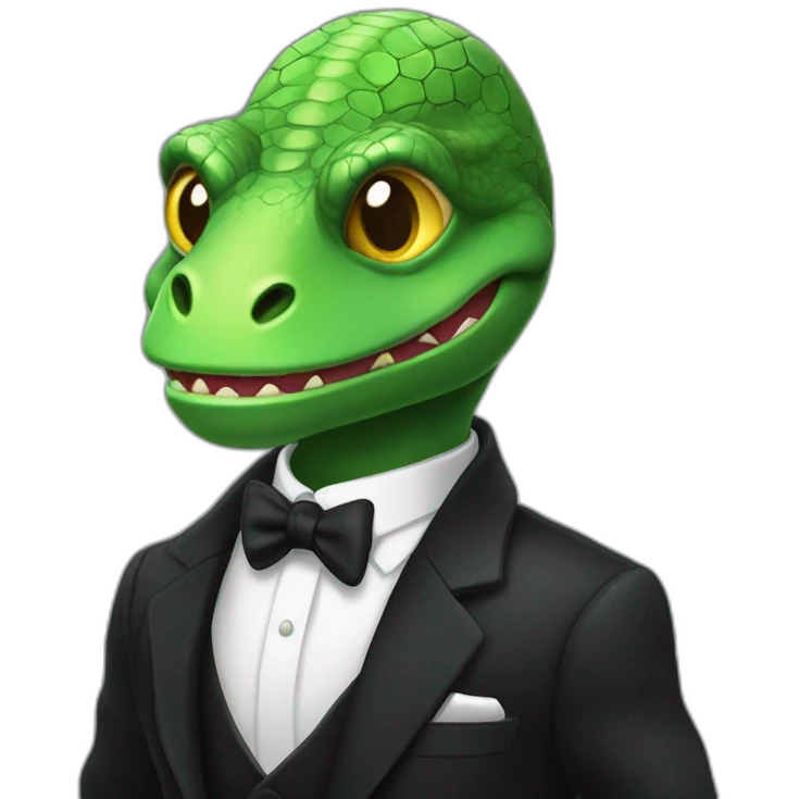 Cute reptilian banker in black suite with laser eyes emoji