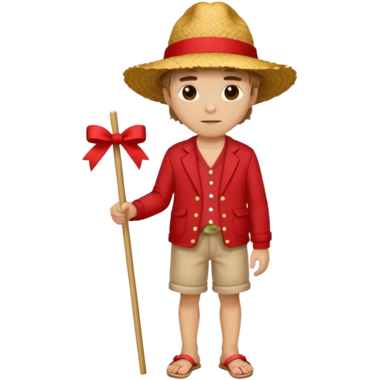 Make a guy with a straw hat and the hat has a red rebin and a red jacket and sandals and a x on he's chest emoji