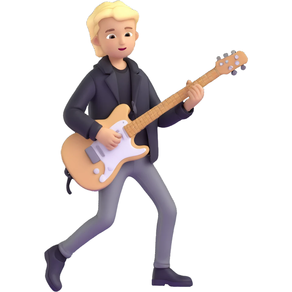 young blonde boy in a black jacket playing a guitar emoji