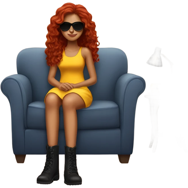 Latina with long red wavy hair with dark sunglasses a yellow sundress and black combat boots sitting on the couch emoji