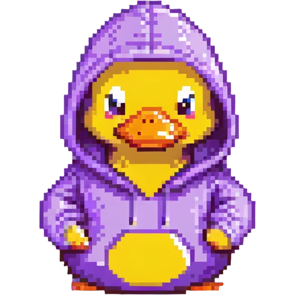Pixelated rubber duck with a purple hoodie emoji
