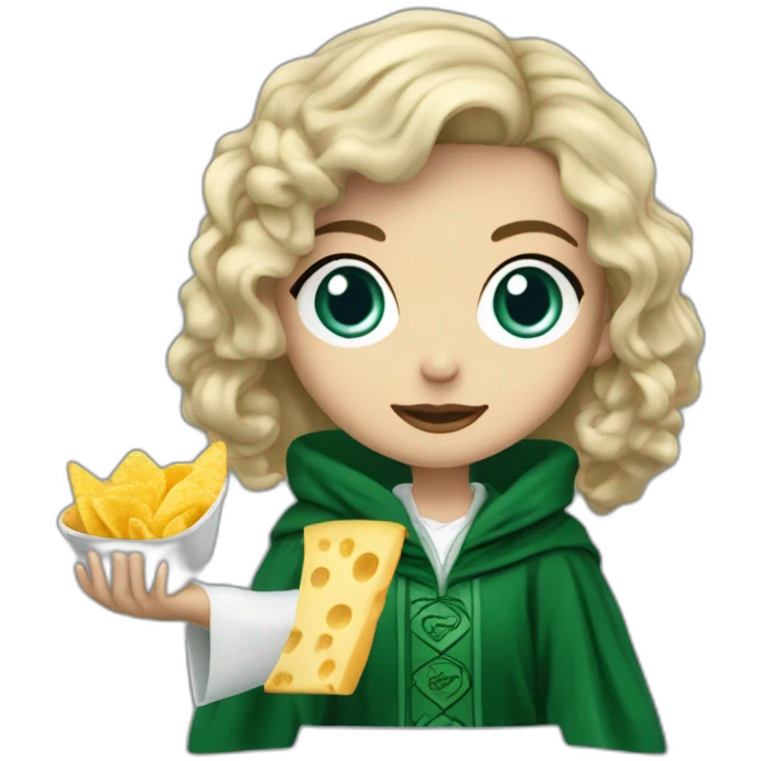 Blue eyes Slytherin robe girl with short wavy ash blonde hair eating chips and cheese hogwarts robe emoji